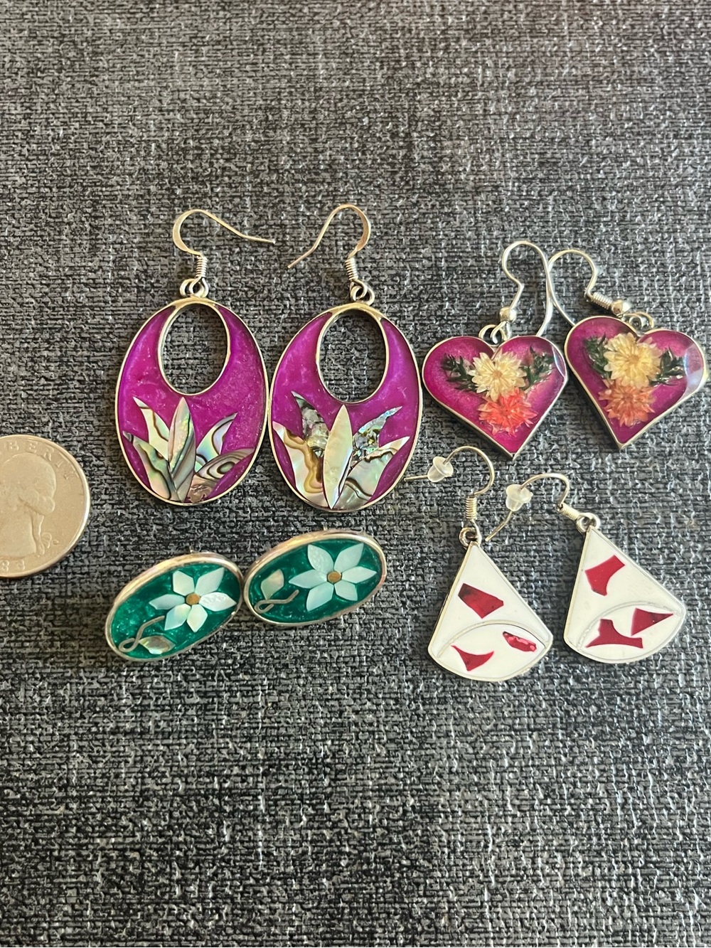 Four pairs of sterling tone inlay earrings
